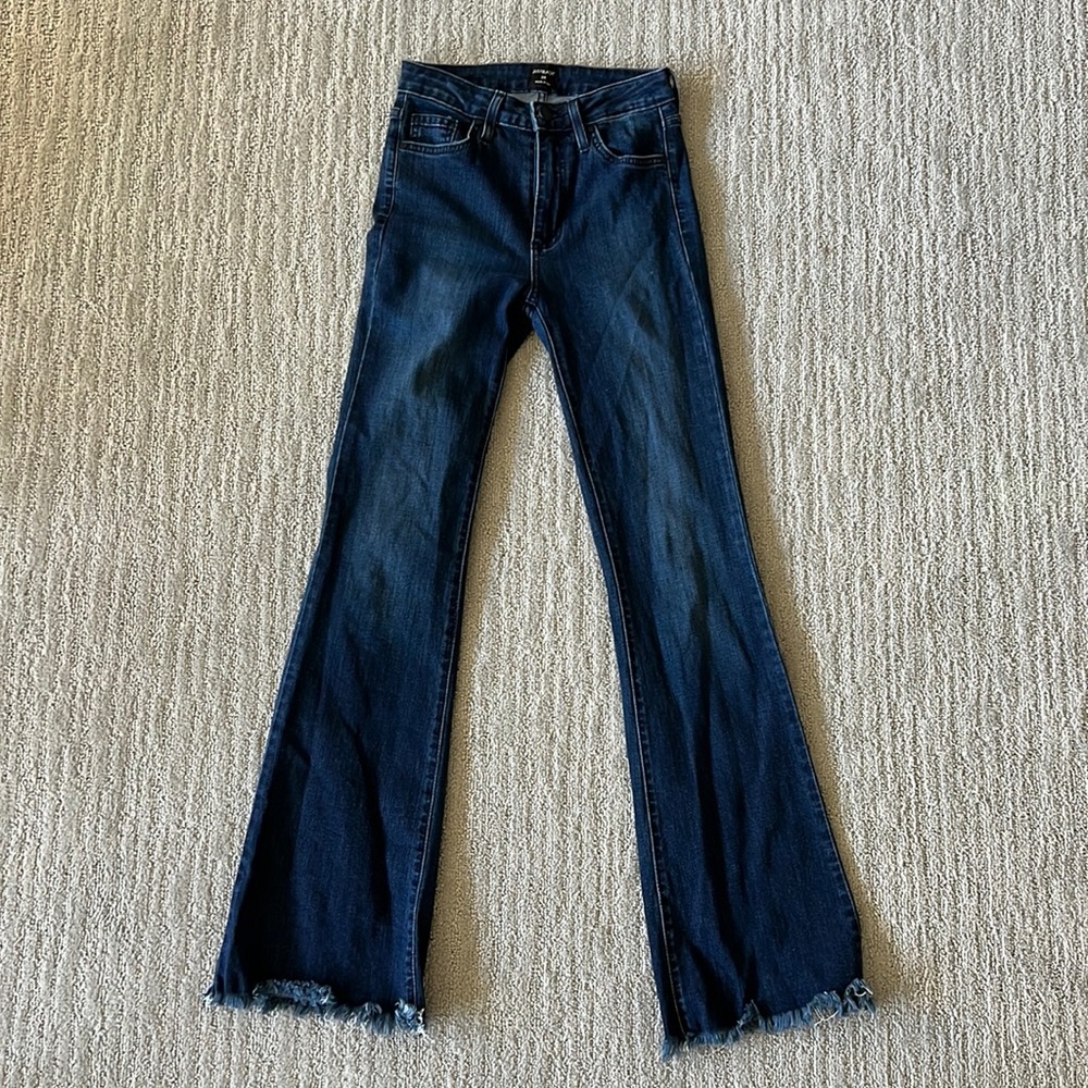 JustBlack jeans flared leg dark wash frayed bottom. Size 24.
